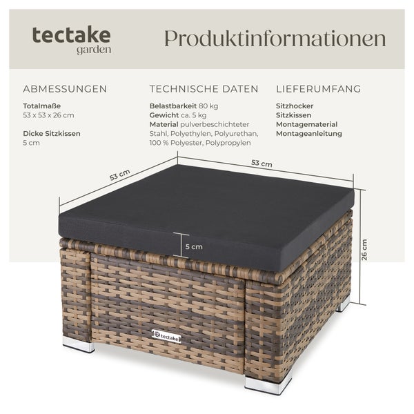 Rattan Sitzhocker tectake Bitonto 53 x 53 x 26 cm widerstandsfähig natur