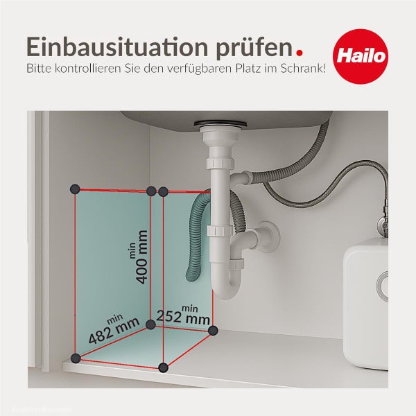 Hailo Logo und Grafik zur Prüfung der Einbausituation im Schrank mit Maßen: Höhe 400 Millimeter, Tiefe 482 Millimeter, Breite 252 Millimeter.