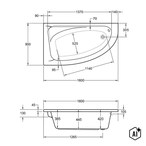 Technische Zeichnung mit Maßen einer Eckbadewanne für die präzise Montageplanung im Badezimmer.