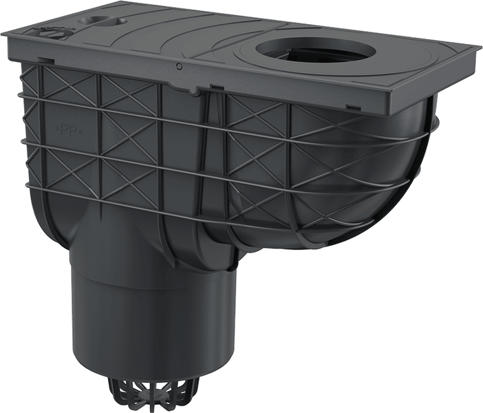 Regensinkkasten aus schwarzem Kunststoff mit verstärktem Gehäuse und Laubfangkorb für die Dachentwässerung.