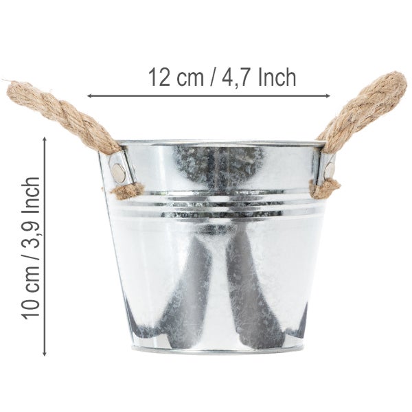 Zinkeimer mit Kordelgriffen, Durchmesser 12 Zentimeter, Höhe 10 Zentimeter.