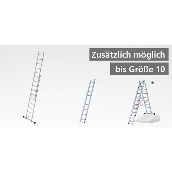 Verschiedene Anwendungsmoeglichkeiten einer Aluminium Mehrzweckleiter in ausgezogener, angelehnter und stehender Position auf einer Treppe.