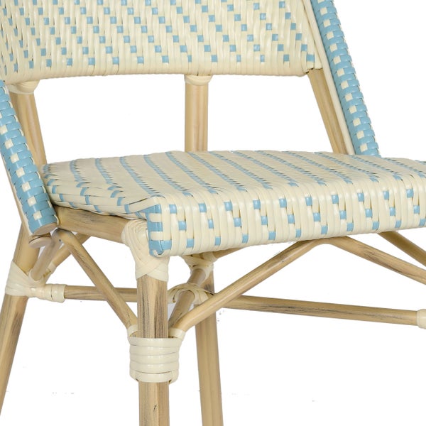 Bistro-Gartenstuhl mit geflochtener Sitzfläche und Rückenlehne, Gestell in Holz-Optik.