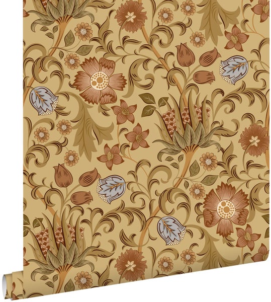 Tapete mit floralem Muster, stilisierten Blumen, Blättern und Ranken im Vintage-Stil.