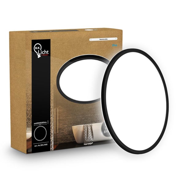B.K. Licht LED Deckenleuchte rund schwarz mit neutralweißem Licht, Spritzwasserschutz und Verpackung mit B.K. Licht Logo.