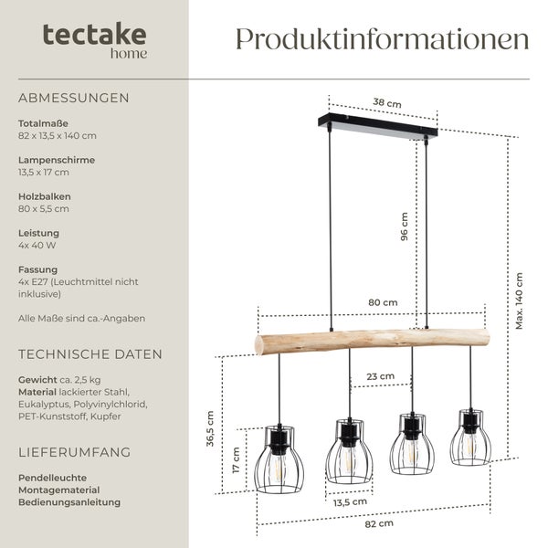Technische Zeichnung der Pendelleuchte mit Holzbalken und vier Lampenschirmen