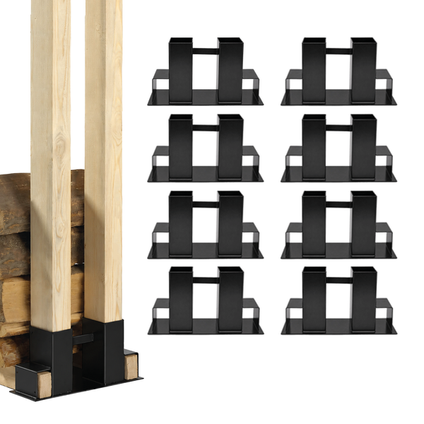 Set von acht Kaminholzregal Verbindern aus Metall für quadratische Holzpfosten zur Konstruktion eines Brennholzlagers.