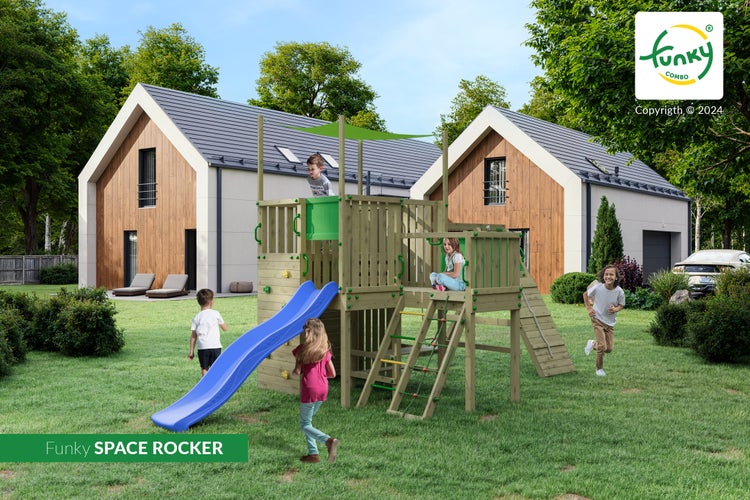 Holzspielplatz Funky SPACE ROCKER mit Rutsche, Leiter und Kletterwand im Garten mit spielenden Kindern und Funky COMBO Logo.