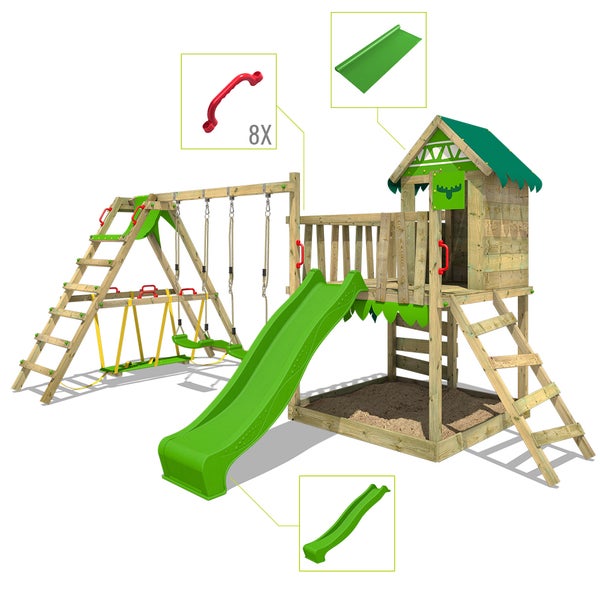 FATMOOSE Spielturm Klettergerüst JazzyJungle mit Schaukel SurfSwing und Rutsche, Spielhaus mit Sandkasten, Leiter und Spiel-Zubehör - apfelgrün