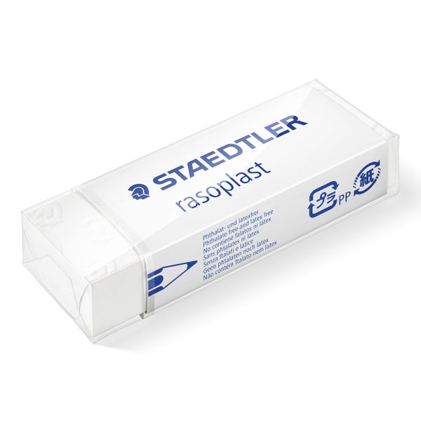 Staedtler Radiergummi rasoplast, weiß, phthalat- und latexfrei, in transparenter Schutzfolie mit Schiebemanschette.