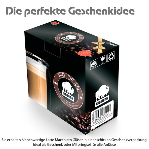 Big Dean Geschenkverpackung für 350 Milliliter Latte Macchiato Gläser mit Kaffeebohnen-Design und Big Dean Logo.