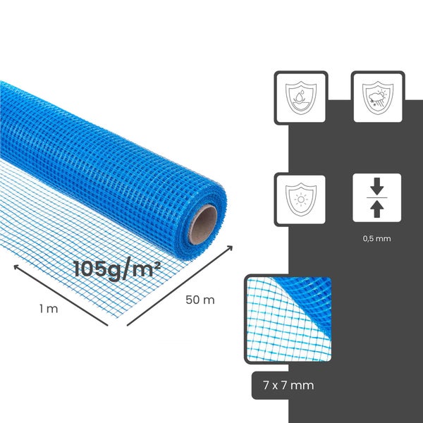 Blaue Geweberolle, 105 Gramm pro Quadratmeter, 1 mal 50 Meter, Maschen 7 mal 7 Millimeter, Stärke 0,5 Millimeter, wetterfest, ultraviolettbeständig.