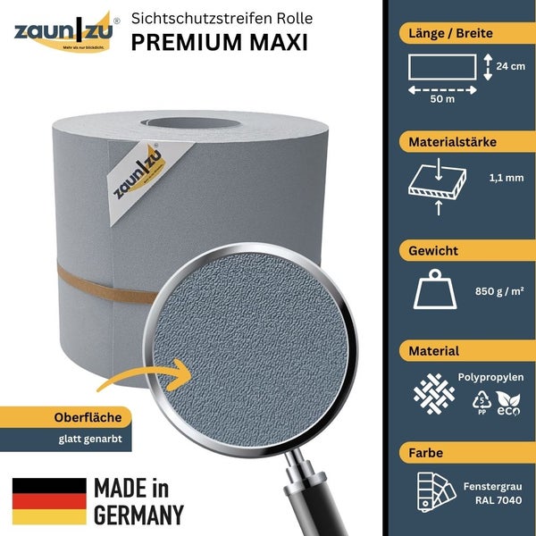 Zaun zu Sichtschutzstreifen Rolle Premium Maxi aus Polypropylen, 50 Meter lang und 24 Zentimeter breit