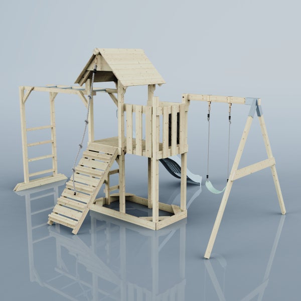 Spielturm aus Holz mit Rutsche, Schaukel und Klettergerüst für den Garten