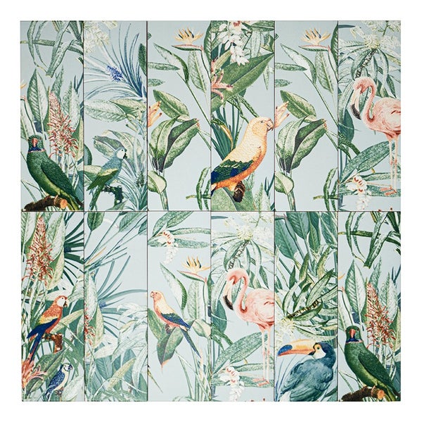 Wandfliesen mit tropischem Dschungel Motiv und exotischen Vögeln wie Flamingos, Papageien und Tukane für dekorative Wandgestaltung.