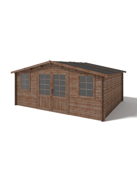 Gartenhaus aus Holz mit Satteldach, Doppeltür mit Lichtausschnitten und zwei Fenstern.