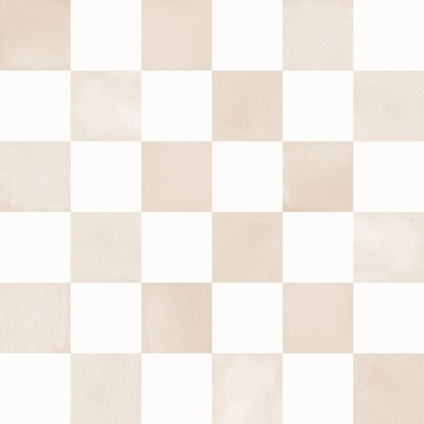 Bodenfliese mit Schachbrettmuster in Beige und Weiß mit leichter Steinoptik.