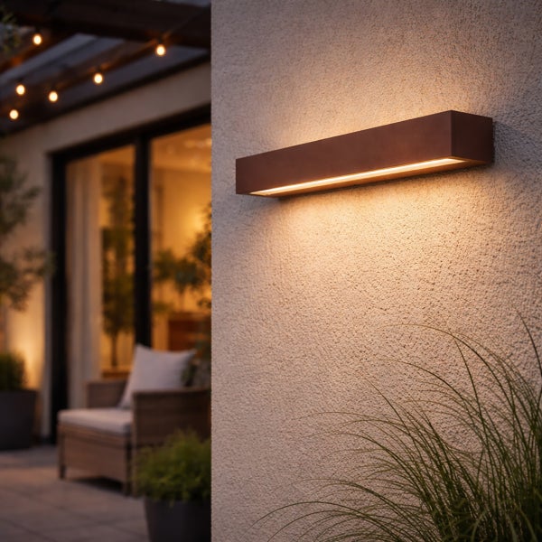 Moderne rechteckige Außenwandleuchte in Rostoptik an einer Wand, beleuchtete Terrasse mit Gartenmöbeln und Pflanzen bei Nacht.