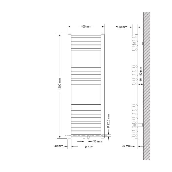 ECD Germany Badheizkörper 400 x 1200 mm - Weiß - gebogen mit Mittelanschluss - Design Heizkörper Handtuchwärmer Handtuchtrockner Handtuchheizkörper Handtuchheizung Handtuchheizer Badezimmer Heizung