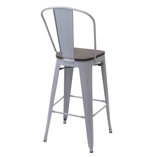 Barhocker mit Rückenlehne aus Metall und Holzsitz