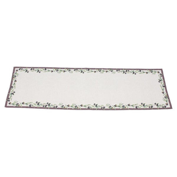 Tischläufer mit Olivenzweigmuster und dunklem Rand.