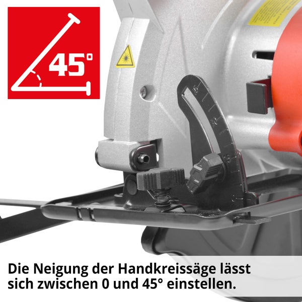 Einstellbare Neigung von 45 Grad an der Handkreissäge