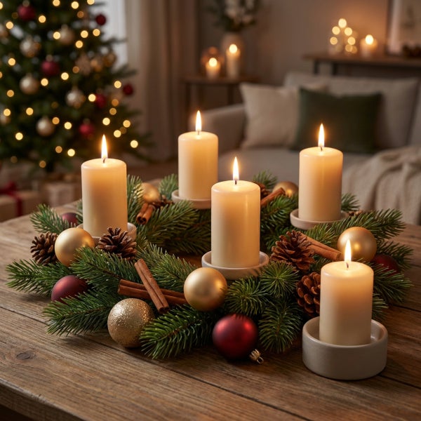 Weihnachtlicher Adventskranz mit vier brennenden Stumpenkerzen aus Tannenreisig, dekoriert mit Weihnachtskugeln, Zapfen und Zimtstangen auf Tisch.