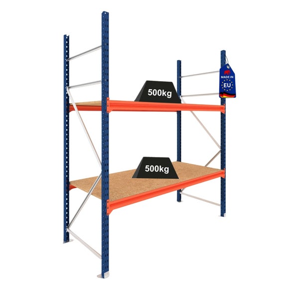 Schwerlastregal aus Metall in Blau und Orange mit zwei Holzböden, Tragkraft 500 Kilogramm pro Boden, hergestellt in der Europäischen Union.