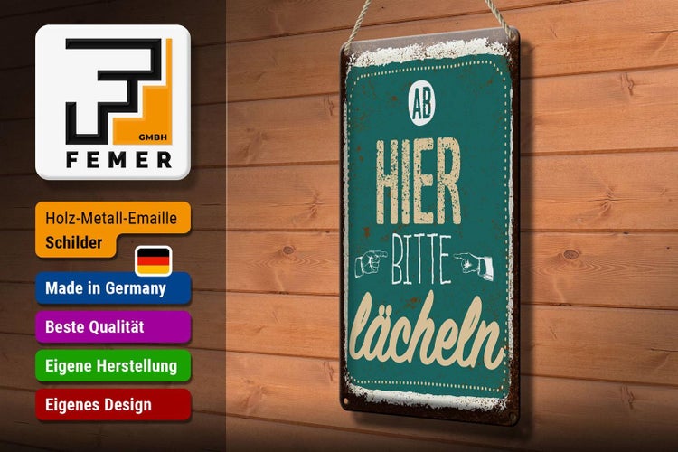 Blechschild Spruch Ab hier bitte lächeln Lachen Glück 20x30cm