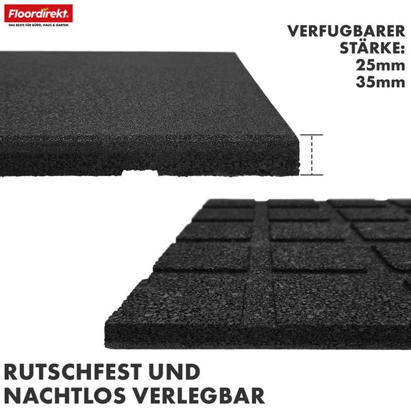 Blick auf eine rutschfeste, fugenlos verlegbare, schwarze Bodenmatte von Floordirekt mit einer Materialstärke von 25 Millimeter oder 35 Millimeter.