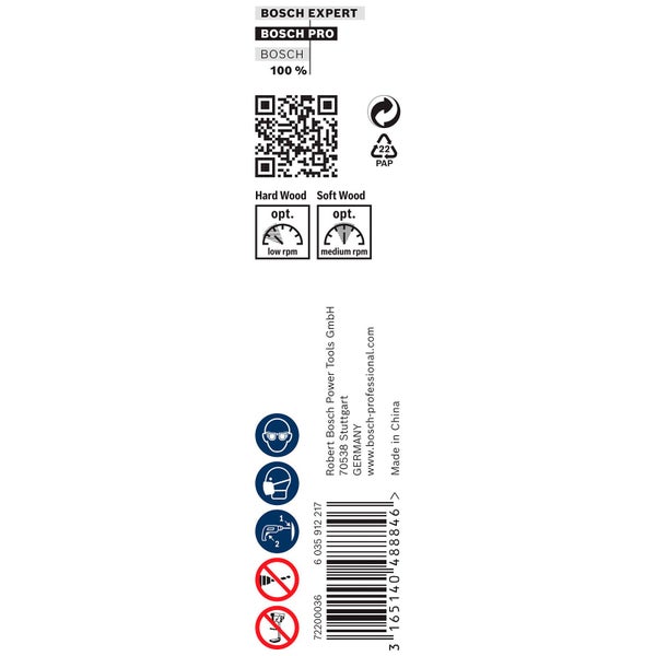 Bosch Expert, Bosch Pro, Bosch Logo, Papierverpackung, QR-Code, Informationen zu Drehzahlen und Sicherheitshinweise
