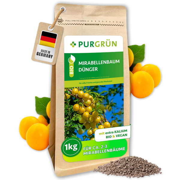 Eine Packung Purgrün Mirabellenbaum Dünger mit einem Gewicht von einem Kilogramm, bio und vegan mit extra Kalium für gesundes Wachstum.