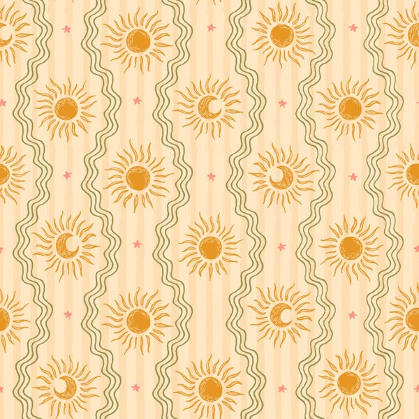 Nahtloses Muster mit Sonne, Mond, Sternen und gewundenen Linien