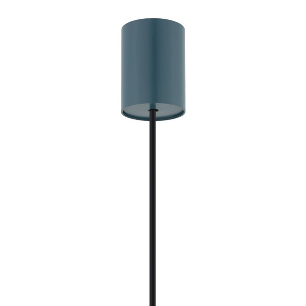 Stehleuchte mit zylindrischem dunkelblauem Schirm und schwarzem Metallstativ.