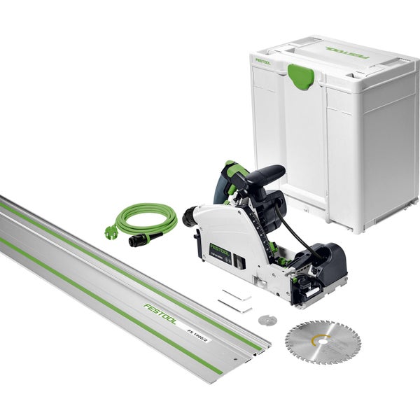 Festool Tauchsäge TSV 60 KEBQ mit Vorritzer auf einer Führungsschiene.
