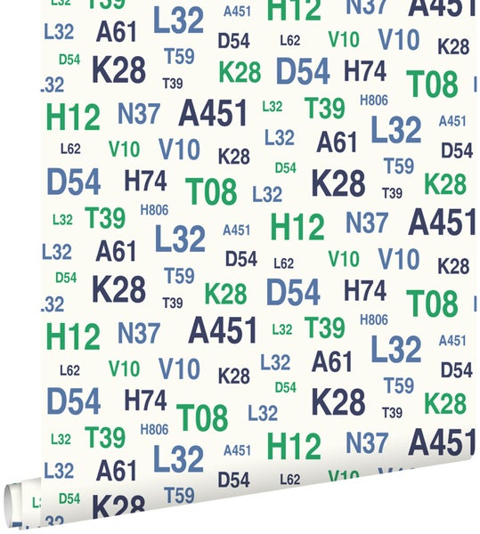 Tapete mit Buchstaben- und Zahlendesign auf Rolle