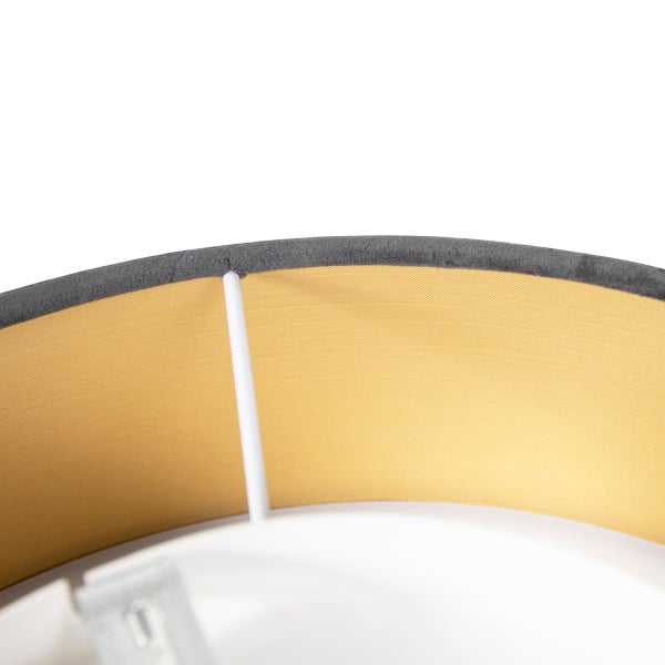 Nahaufnahme eines Textillampenschirms mit goldener Innenseite und grauem Samtrand.