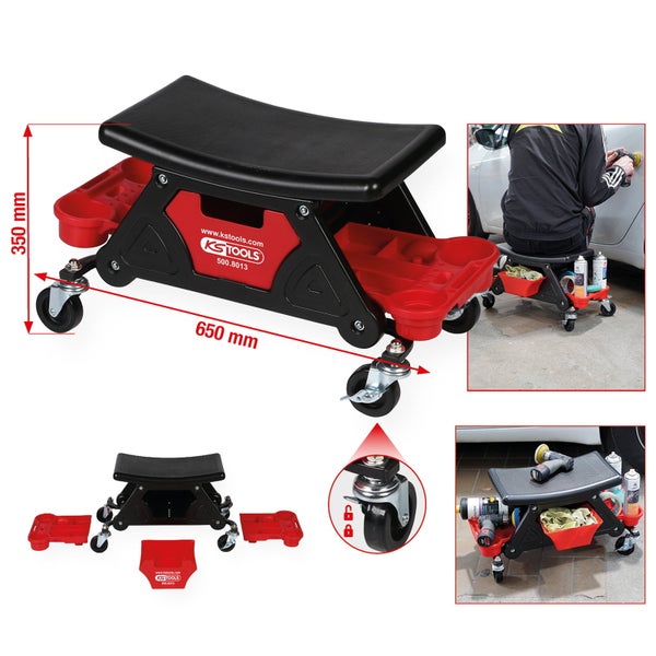 Werkstatthocker mit Rollen und Ablageflächen