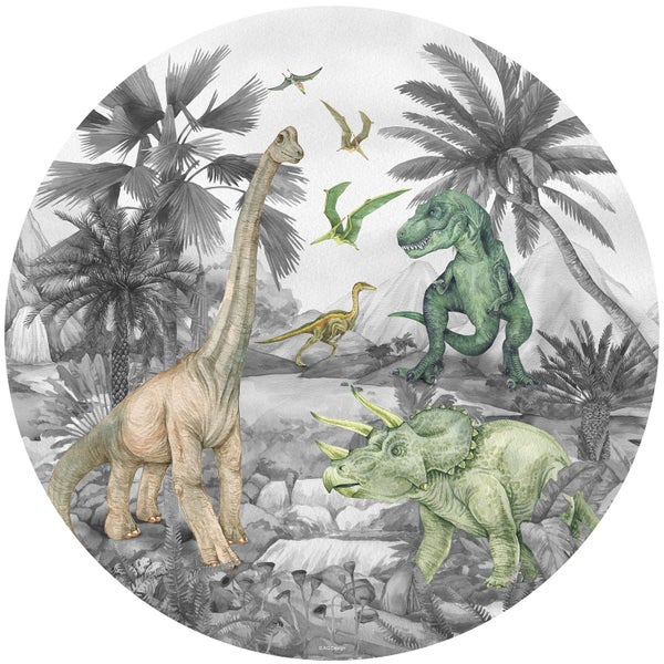 Illustration mit Dinosauriern und Palmen