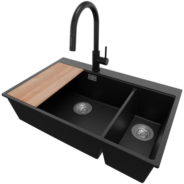 PRIMAGRAN Granitspüle Schwarz Metallic 78x50cm, Spülbecken 2 Becken + Küchenarmatur 40x20cm + Ablauf-Set + Schneidebrett, Küchenspüle ab 80er Unterschrank - Oslo Duo