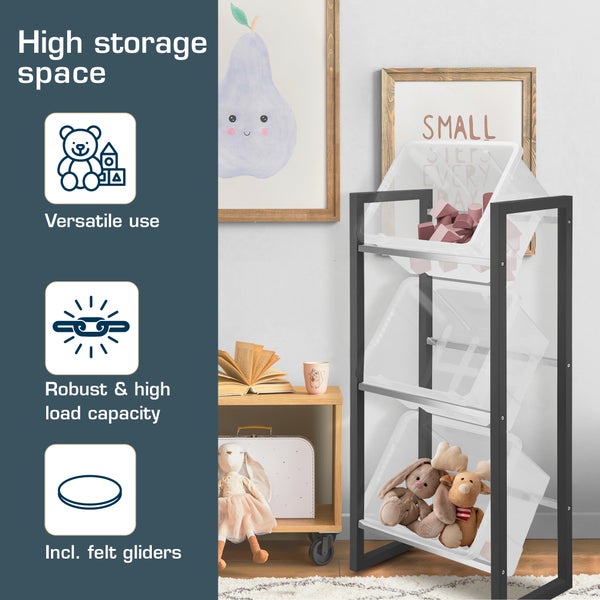 Kinderzimmer-Aufbewahrungsorganisator mit drei Behältern und Spielzeug