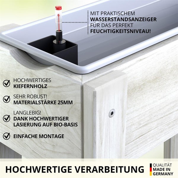 Hochbeet Kiefernholz mit Ablage Weiß inklusive - 2 x 60 cm Einsätze - Wasserstandsanzeiger