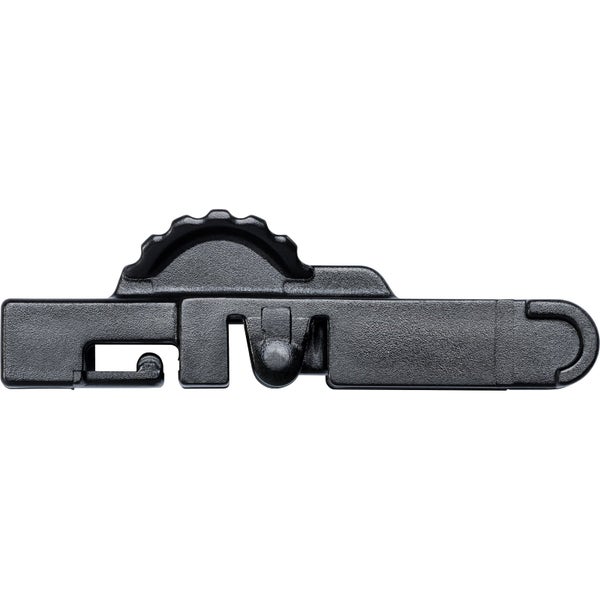 Schwarzer Montageclip aus Kunststoff für Sockelleisten.