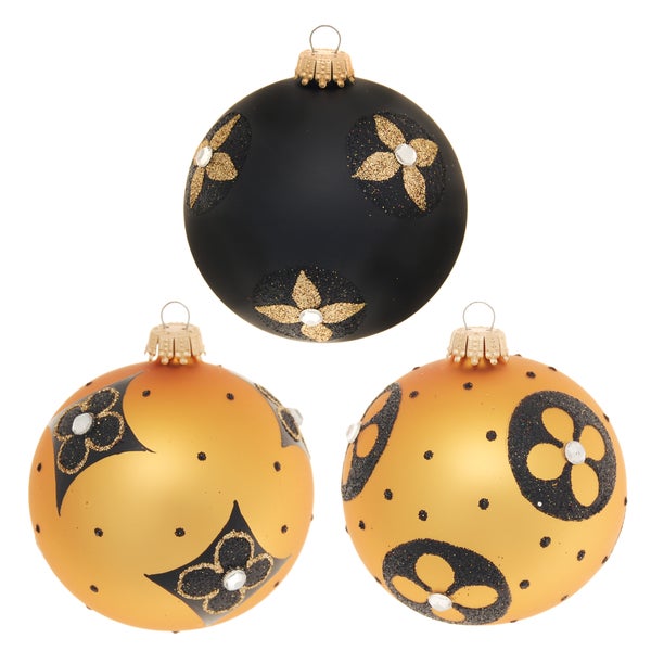 Gold & Schwarz, 3-er Set, stilisierte Blumen, Strasssteine, 8cm, 3 Stck., Weihnachtsbaumkugeln, Christbaumschmuck, Weihnachtsbaumanhänger