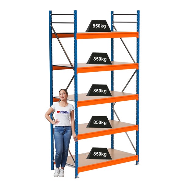 Lagerregal mit fünf Ebenen und einer Traglast von 850 Kilogramm pro Ebene, dargestellt mit einer Frau für Größenvergleich.