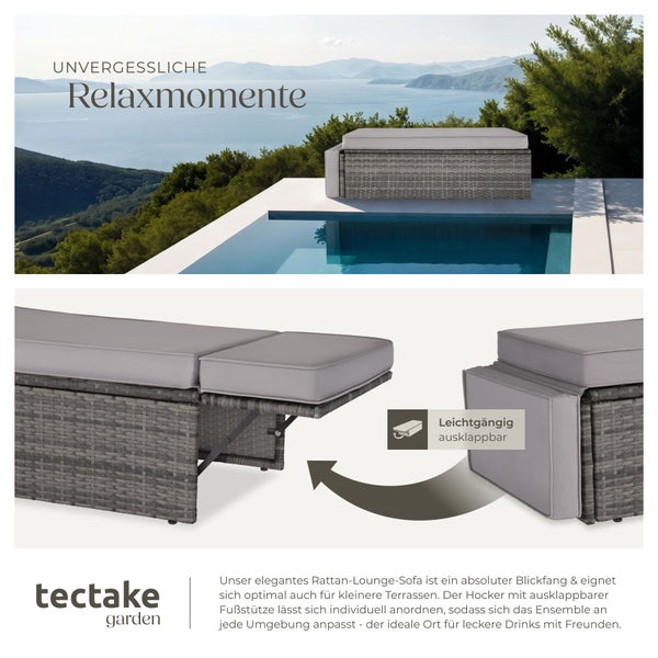 tectake garden Rattan-Lounge-Sofa mit ausklappbarer Fußstütze und grauen Polstern auf einer hellen Terrasse am Pool mit Meerblick.