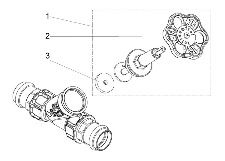 Technische Explosionszeichnung eines Absperrventils mit nummerierten Ersatzteilen wie Handrad, Spindel und Dichtung.