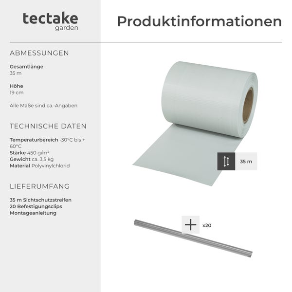 Sichtschutzstreifen tectake  leichte Montage, inklusive Befestigungsclips für Einzelstab- und Doppelstabmatten-Zäune hellgrau