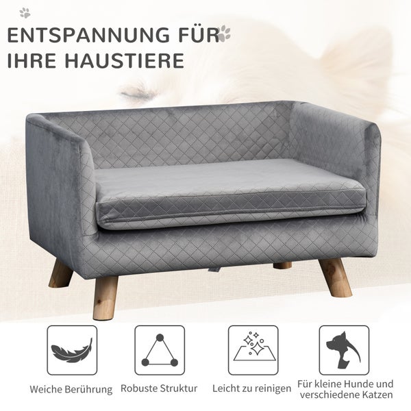 PawHut Hundesofa mit Holzbeinen Hundebett Haustiersofa Hundematte für kleine Hunde bis zu 8 kg Samt-Touch Grau 64 x 45 x 36 cm