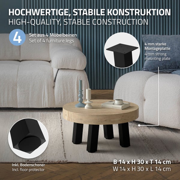 ML-Design 4er Set Tischbeine schräg H:30 cm, Schwarz glänzend, aus pulverbeschichtetem Stahl, eckig, Profil 8x8 cm, I-Form, Möbelfüße Metall 96° Neigung, Tischfüße Möbelbeine für Couchtisch, Sitzbank